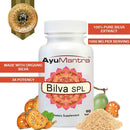 Bilva SPL Tablets bottle with callouts: organic bilva, 1000 mg per serving, 3x potency, Aegle marmelos.