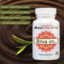 Bilva SPL Tablets bottle on sand with benefit text for healthy digestion and bowel support, Aegle marmelos.