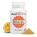 Bilva SPL Tablets with Aegle marmelos fruit slice and bilva powder on white background, dietary supplement