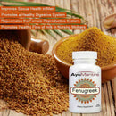 Fenugreek Tablets lifestyle graphic with seeds and powder, benefits text overlay, and product bottle in frame