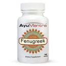  Front label close-up of AyuMantra Fenugreek Tablets bottle, 90 tablets, clean white background.