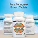 Pure Fenugreek Extract Tablets pack shot with front bottle and side labels on a blue ocean background.
