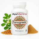 Fenugreek Tablets (Trigonella foenum-graecum) bottle with fenugreek seeds, leaves and powder on white.