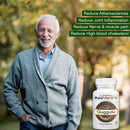 Guggulu Tablets lifestyle image with smiling older man outdoors and product bottle in corner.