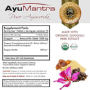 Guggulu Tablets supplement facts panel with USDA Organic and OneCert seals, plus guggulu resin and powder.