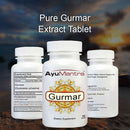  Pure Gurmar Extract Tablet set showing front bottle plus supplement facts and usage labels in background.