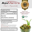  Gurmar Tablets supplement facts panel listing Gymnema sylvestre, organic gurmar extract, plus USDA Organic and OneCert logos.