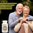 Haritaki Tablets benefits ad with senior couple and product bottle, highlighting digestion and cleansing support.