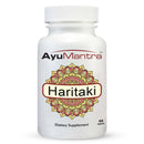 Haritaki Tablets bottle front label close-up on white background, AyuMantra dietary supplement