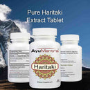 Haritaki Tablets bottle with feature callouts: organic extract, 1000 mg per serving, 3x potency.